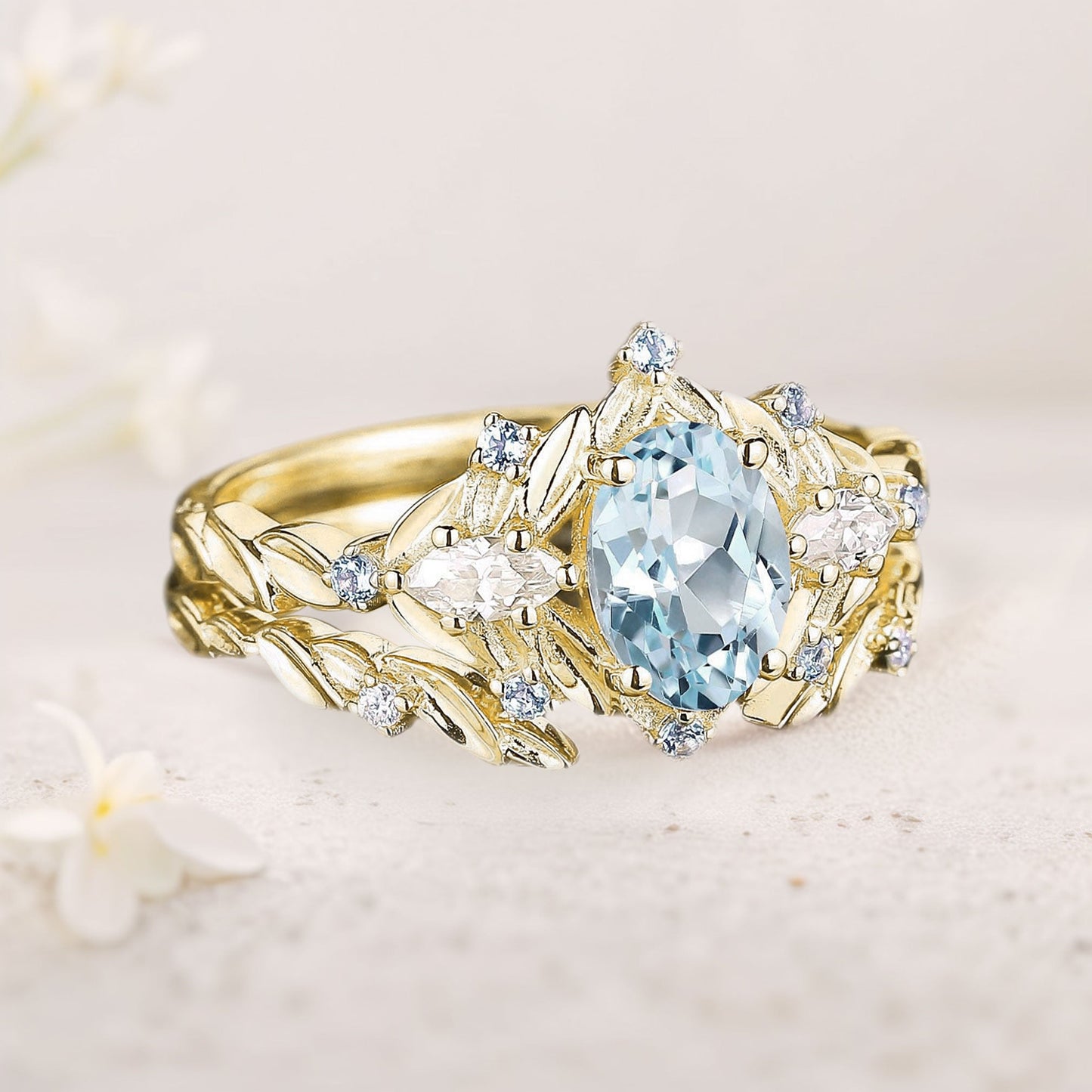 Unique floral engagement rings Oval Lab Aquamarine Flower Engagement Ring Set Delicate Aquamarine Leaf Wedding Ring Set