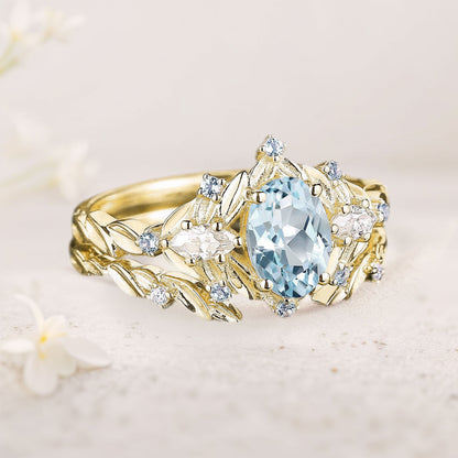 Unique floral engagement rings Oval Lab Aquamarine Flower Engagement Ring Set Delicate Aquamarine Leaf Wedding Ring Set