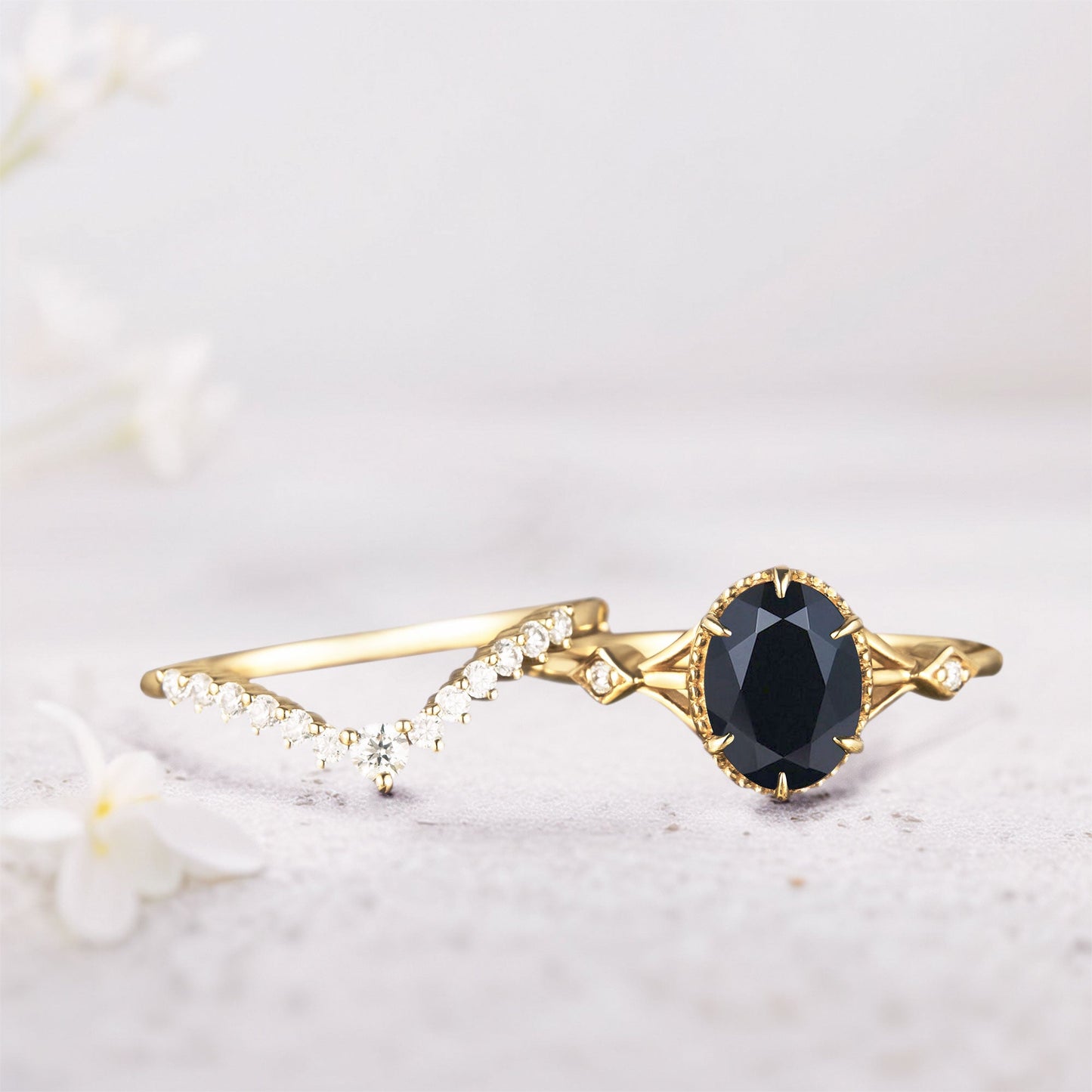 Vintage Oval Black Onyx and Moissanite Bridal Set