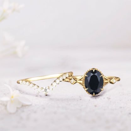 Vintage Oval Black Onyx and Moissanite Bridal Set