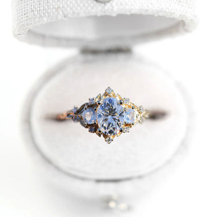 Unique Floral Rose Three Stone Oval Moissanite and Lab Moonstone Ring