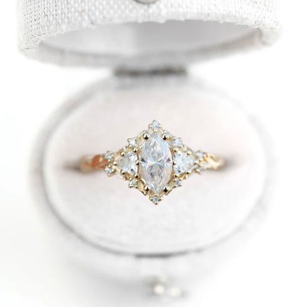 Unique Celeste Rose Three Stone Marquise Moissanite Ring