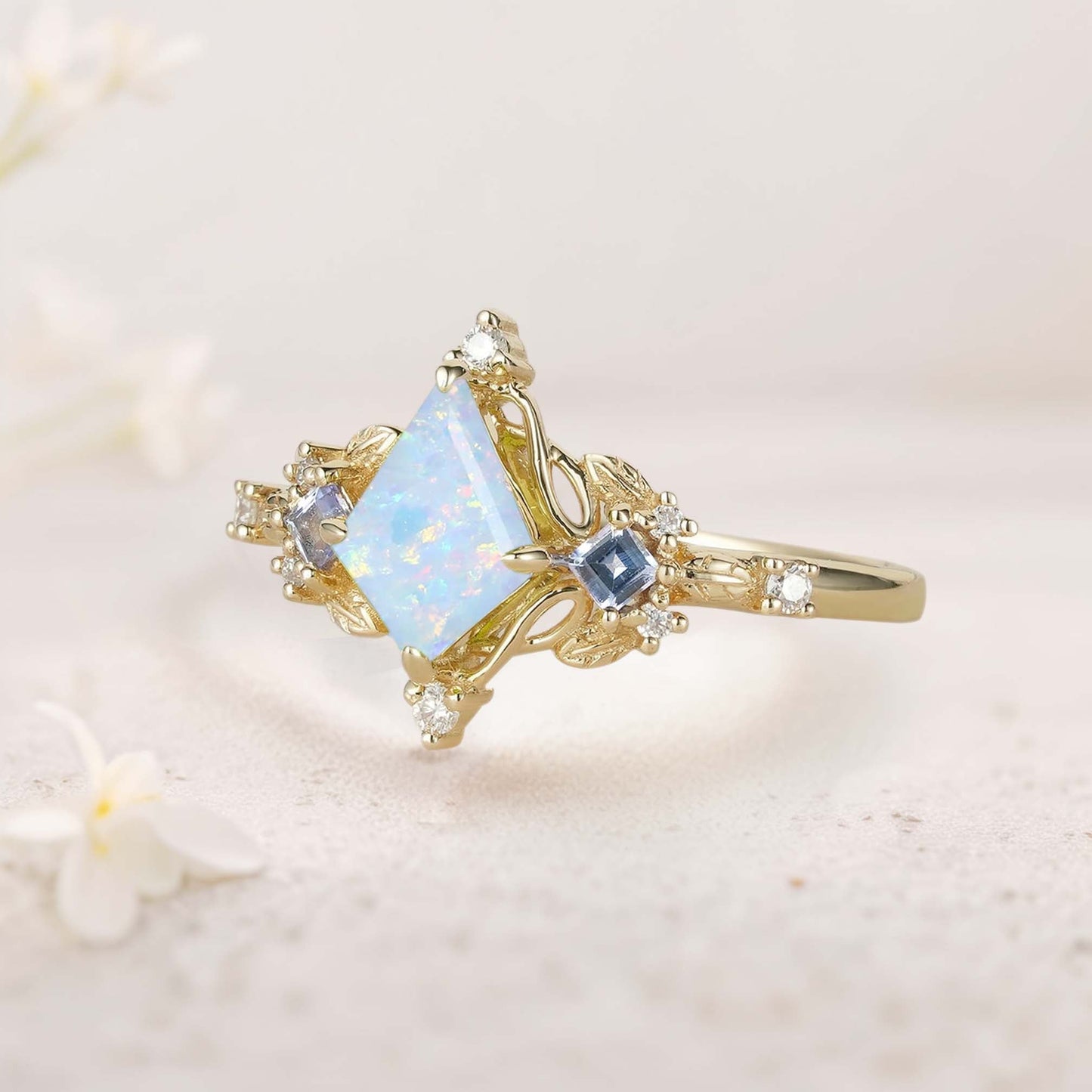 Unique Kite Three Stone Lab Opal Leaf Ring