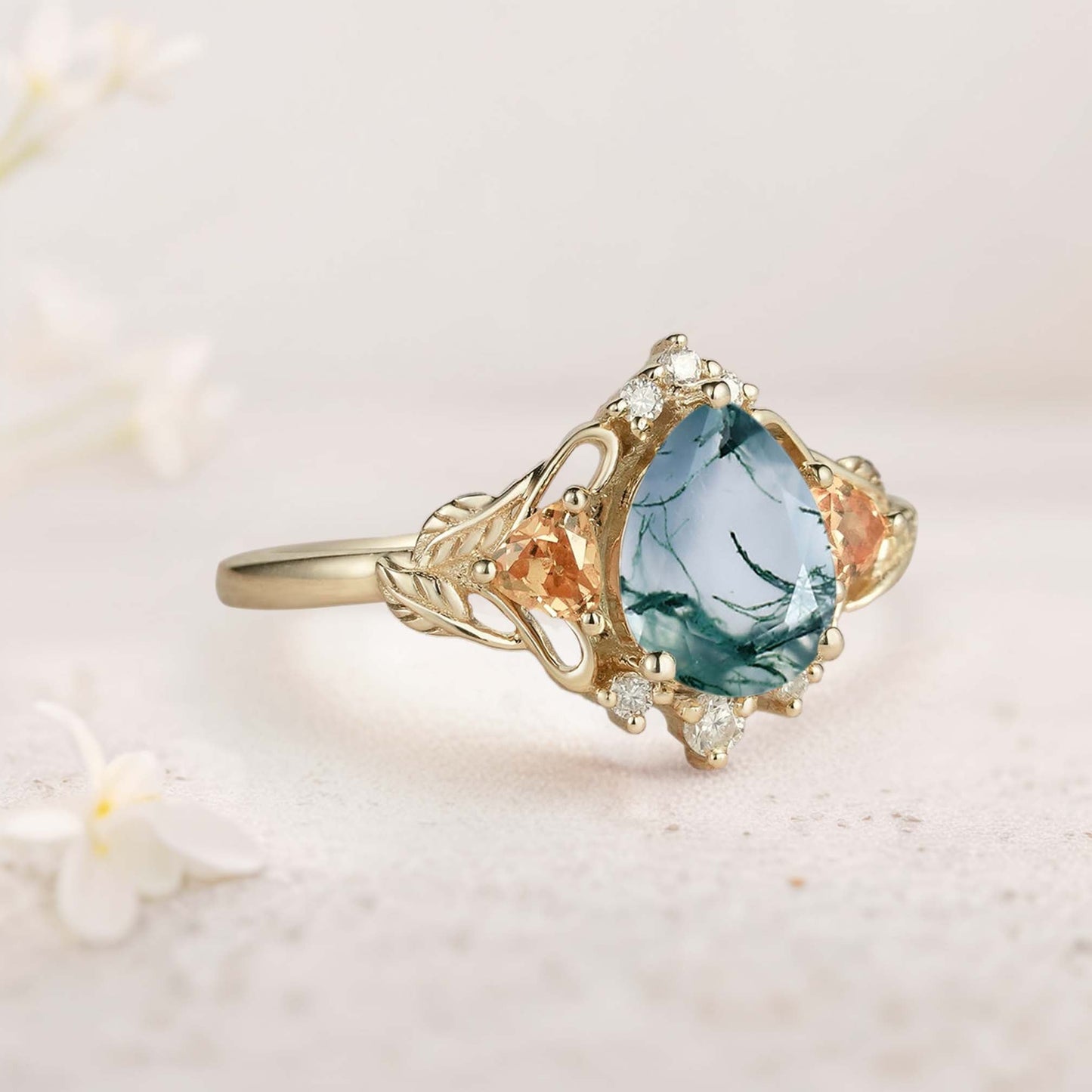 Unique Pear Moss Agate Leaf Ring Engagement Ring