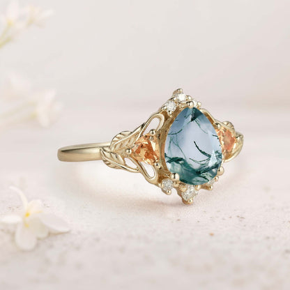 Unique Pear Moss Agate Leaf Ring Engagement Ring