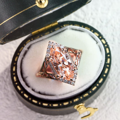 Unique Marquise Lab Padparadscha Engagement Ring