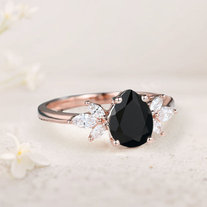 Unique Pear Black Onyx Engagement Ring Simple Cluster Bridal Ring