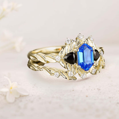 Unique Long Hexagon Lab Sapphire Leaf Engagement Ring Wedding Ring Set