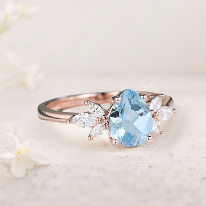 Unique Pear Lab Aquamarine Engagement Ring Simple Cluster Bridal Ring