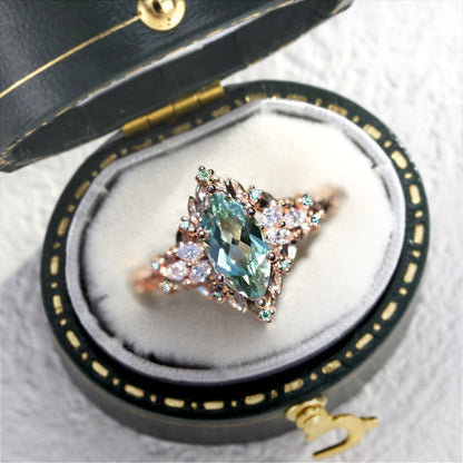 Unique floral engagement rings Briar Rose Starlight Marquise Green Lab Sapphire Ring