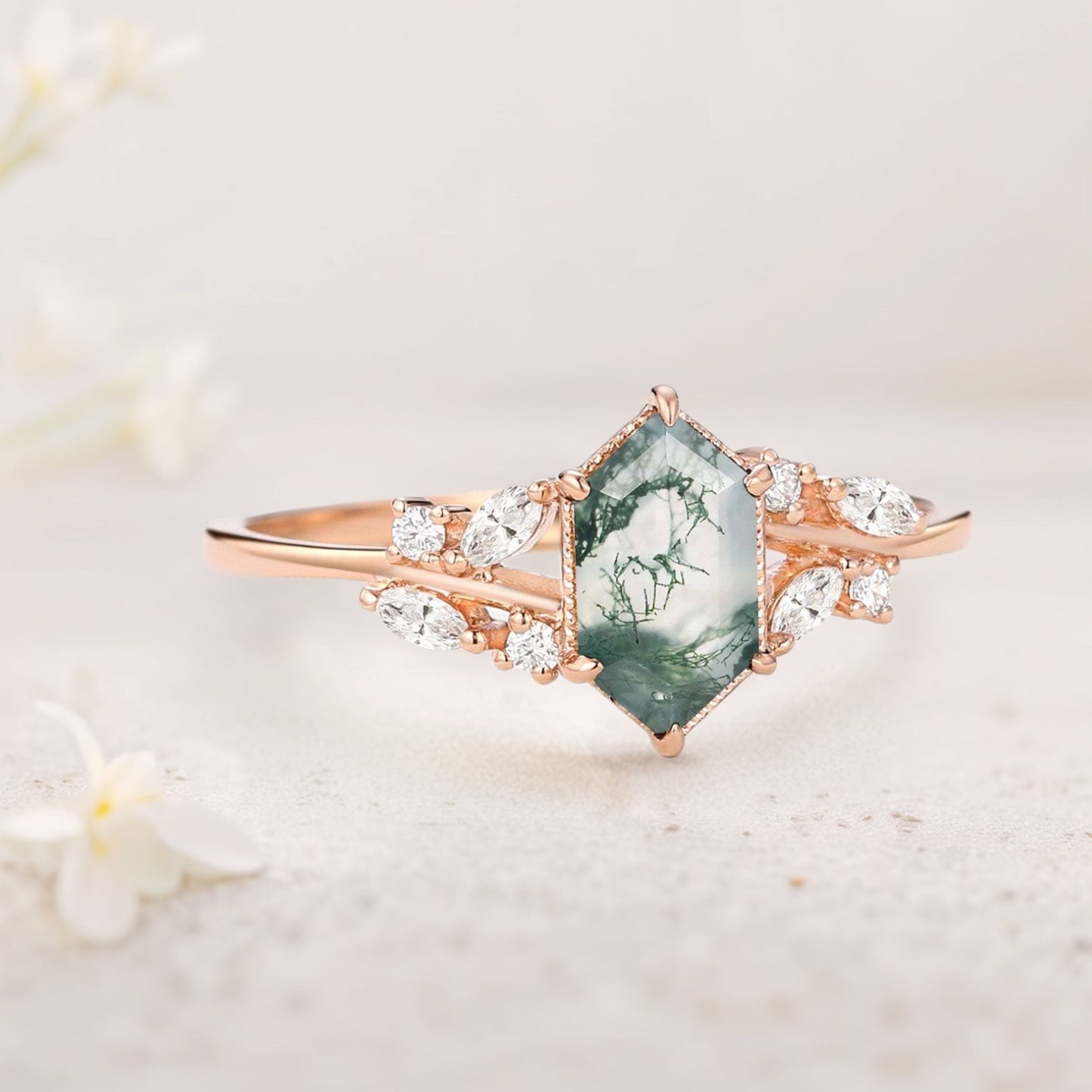 Unique floral engagement rings Hexagon Moss Agate Leafy Moissanite Vintage Engagement Ring