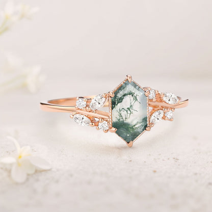 Unique floral engagement rings Hexagon Moss Agate Leafy Moissanite Vintage Engagement Ring