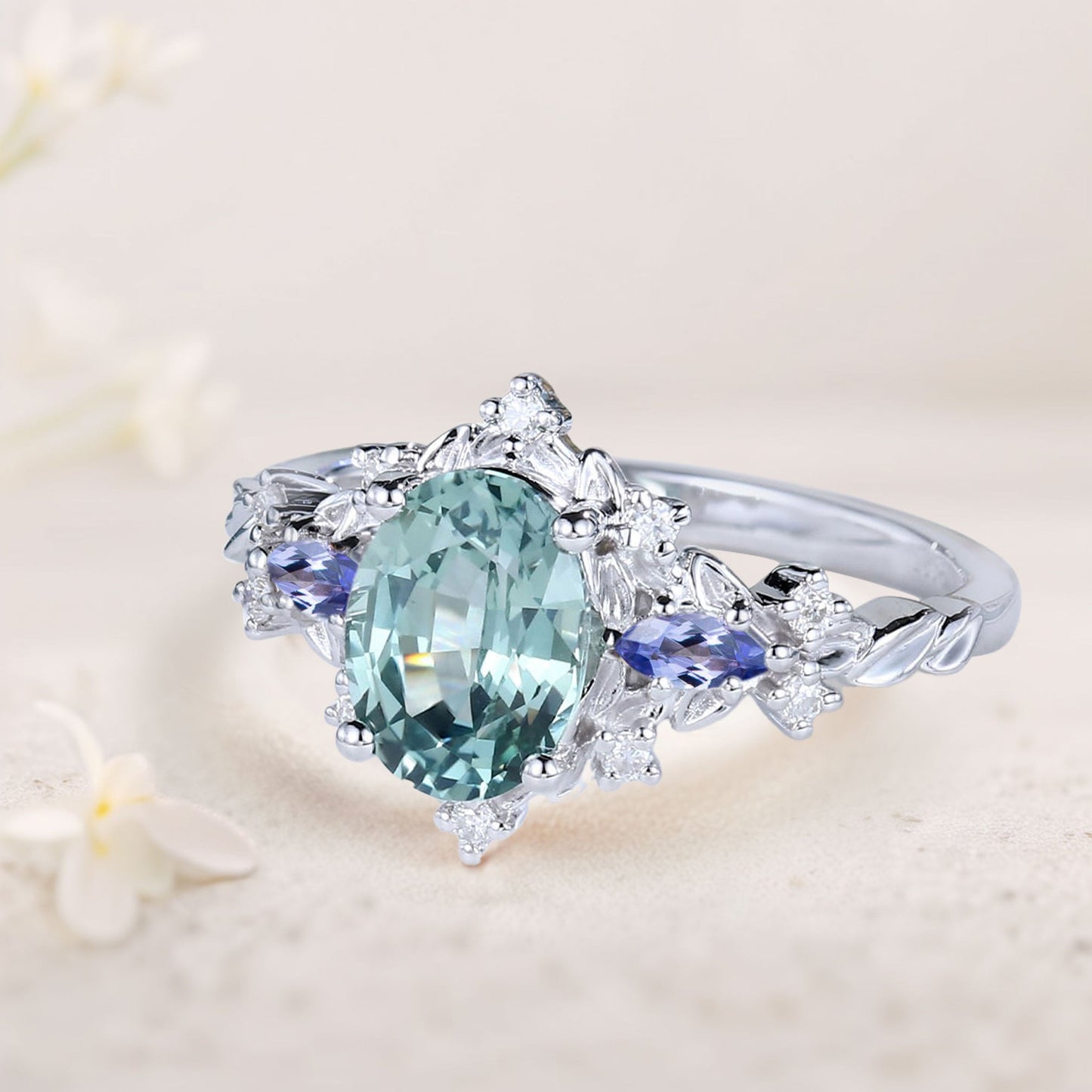 Vintage Briar Rose Oval Green Lab Sapphire and Blue Sapphire Engagement Ring Vine Ring