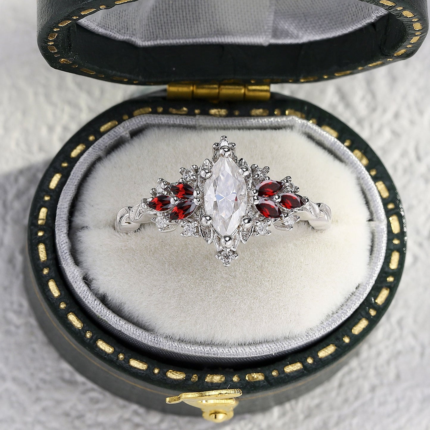 Customize your own Unique Starlight Marquise Moissanite and Lab Ruby Ring