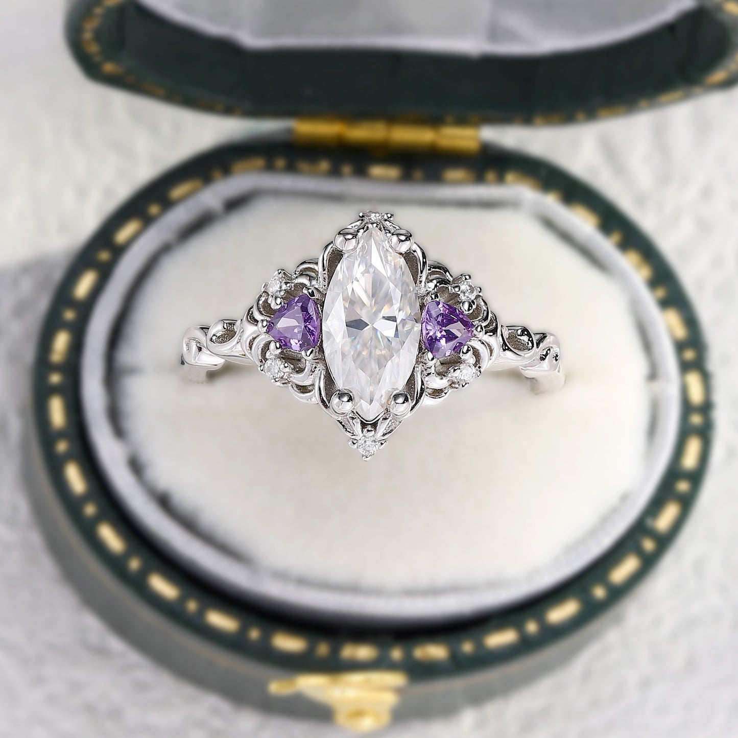 Unique Aurora Three Stone Marquise Moissanite and Tanzanite Ring