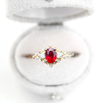 Unique Floral Rose Three Stone Oval Lab Ruby and Moissanite Ring