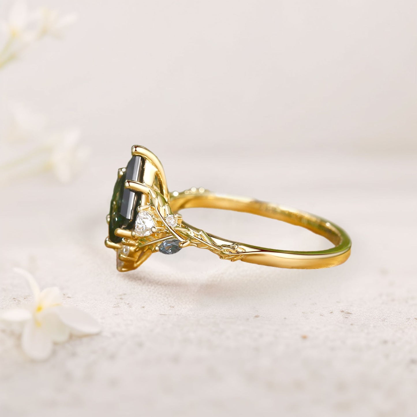 Unique floral engagement rings Kite Green Lab Sapphire Oak Leaf Engagement Ring