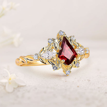 Unique Unique Kite Lab Ruby Floral Engagement Ring Sapphire Halo Women Leaf Wedding Ring