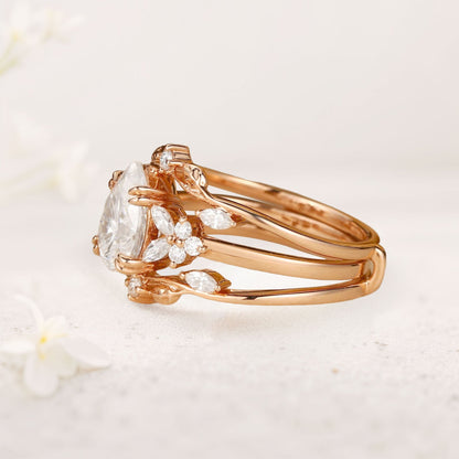 Vintage floral engagement rings Pear Moissanite Fairy Ring Set