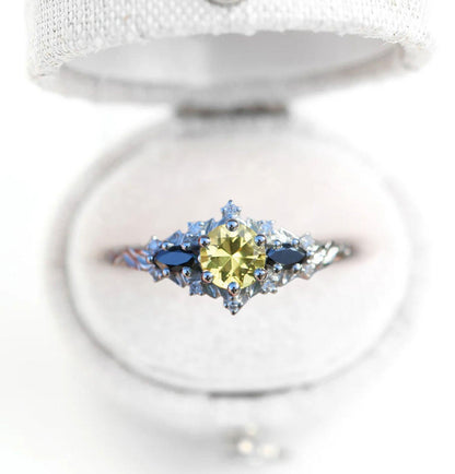 Unique Briar Rose Round Citrine and Black Moissanite Ring