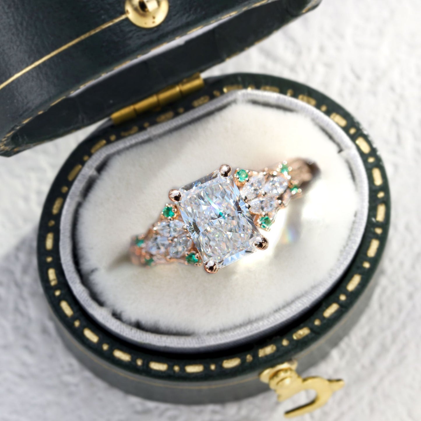 Unique Enchanted garden Emerald cut Moissanite Ring