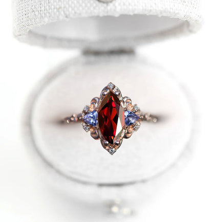 Unique Aurora Three Stone Marquise Garnet and Color Moissanite Anniversary Ring
