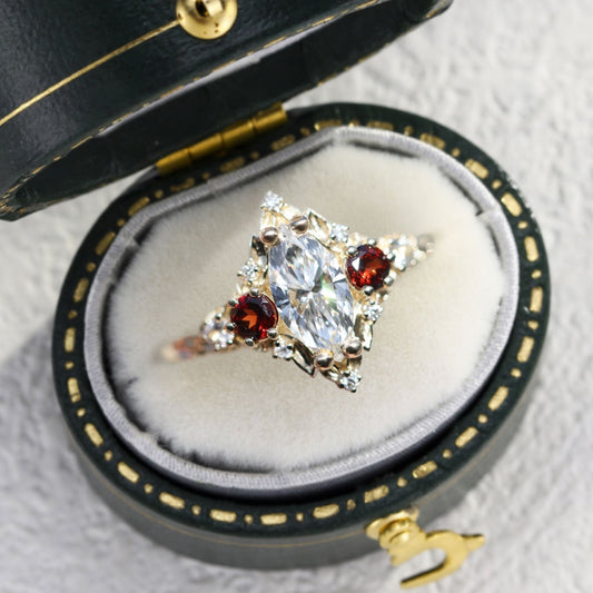 Unique Briar Rose Three Stone Marquise Moissanite and Lab Ruby Ring