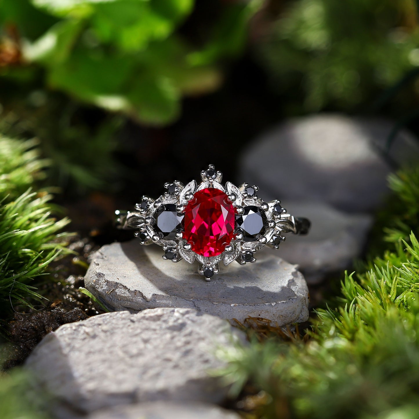 Unique Briar Rose Three Stone Oval Lab Ruby and Black onyx Ring