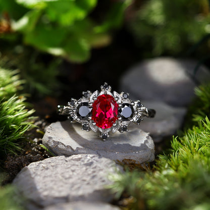 Unique Briar Rose Three Stone Oval Lab Ruby and Black onyx Ring