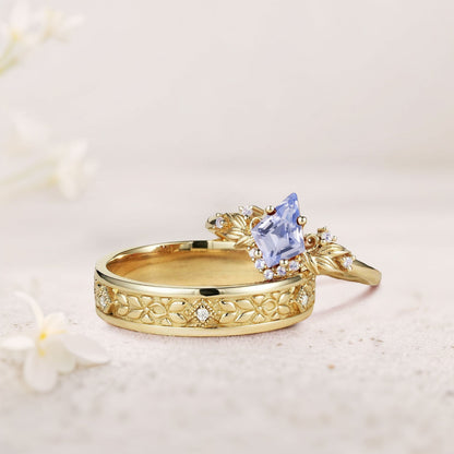 Vintage Kite Lab Sapphire Promise Ring Engagement Ring Set for Couples