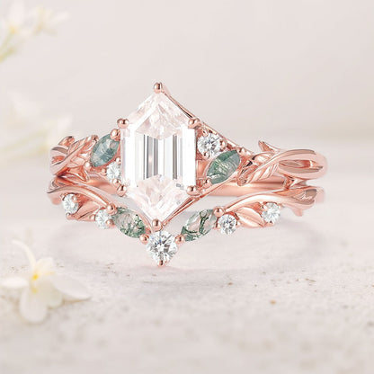 Unique floral engagement rings Hexagon Cut Moissanite Vine Gemstone Ring Set
