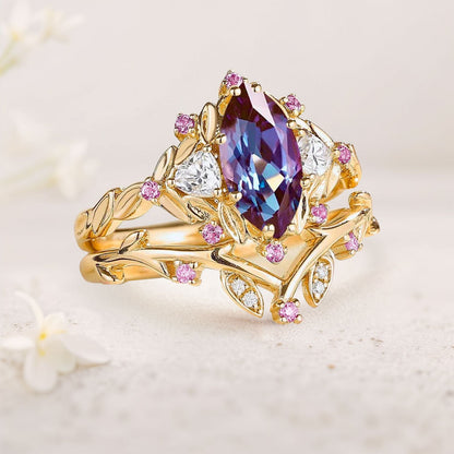 Unique Flower Engagement Ring Marquise Lab Alexandrite Vintage Pink Sapphire Leaf Wedding Ring Bridal Ring Set