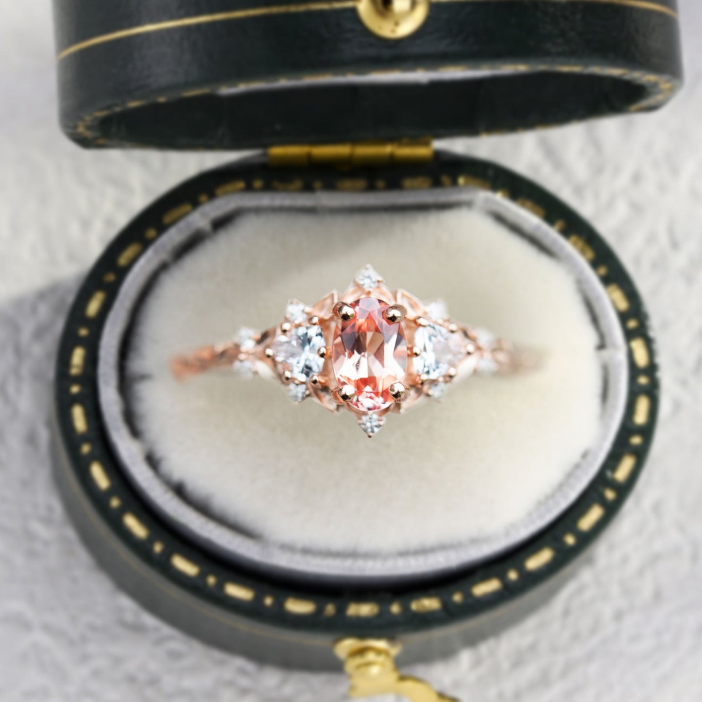Unique Briar Rose Three Stone Oval Pink Lab Padparadscha Ring