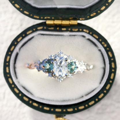 Unique Briar Rose Oval Moissanite and Light Green Lab Sapphire Ring