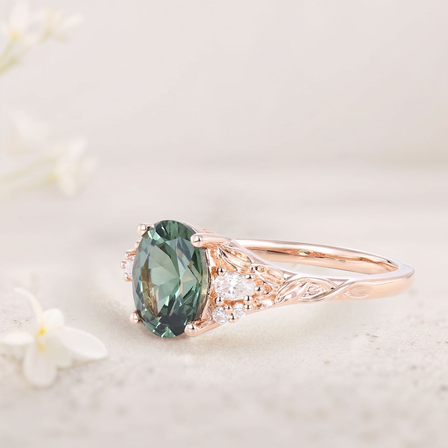 Unique Oval Green Lab Sapphire and Moissanite Wedding Ring