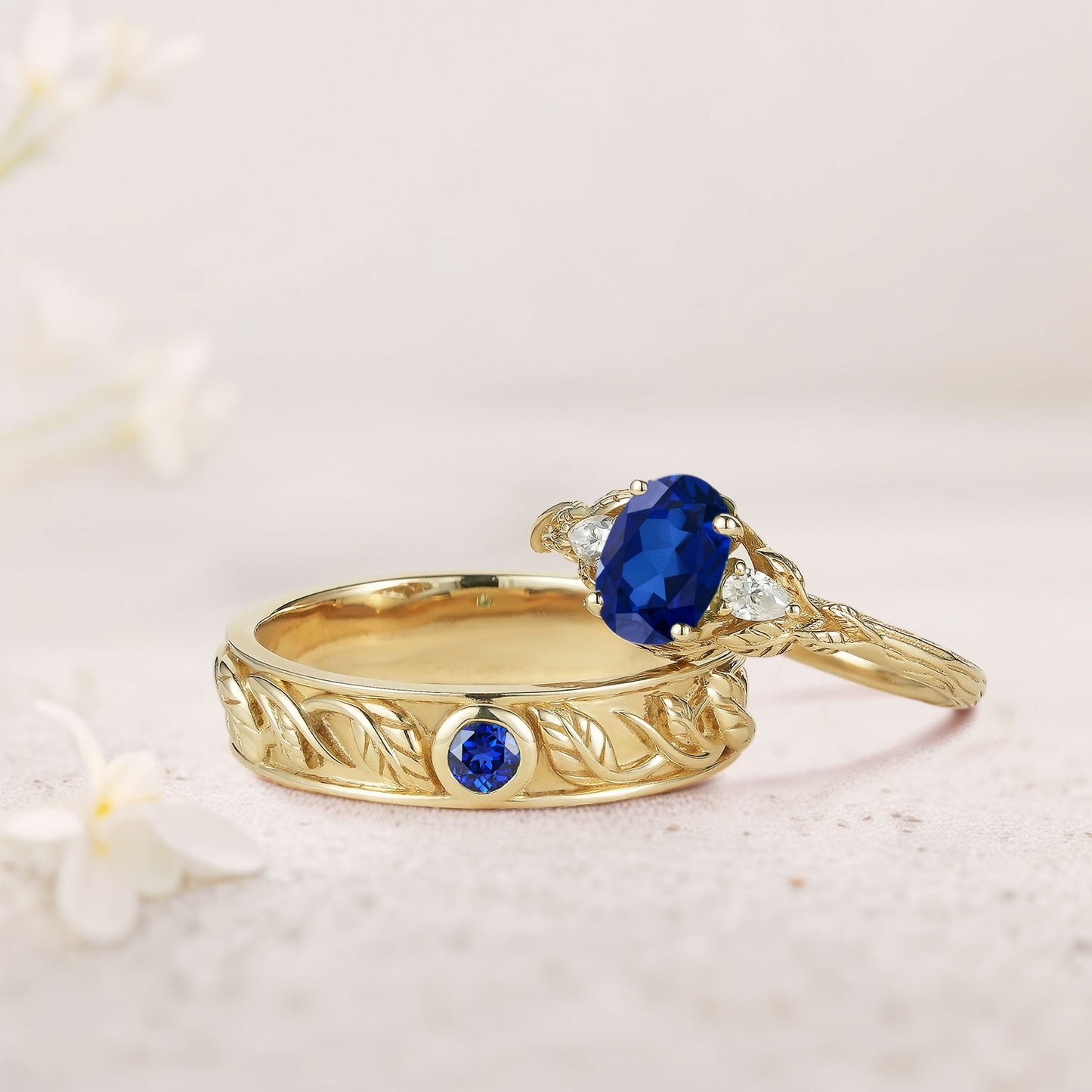 Unique Leaf Design Oval Lab Sapphire and Moissanite Wedding Ring Promise Ring for Couples