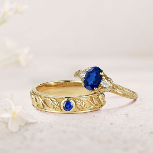 Unique Leaf Design Oval Lab Sapphire and Moissanite Wedding Ring Promise Ring for Couples