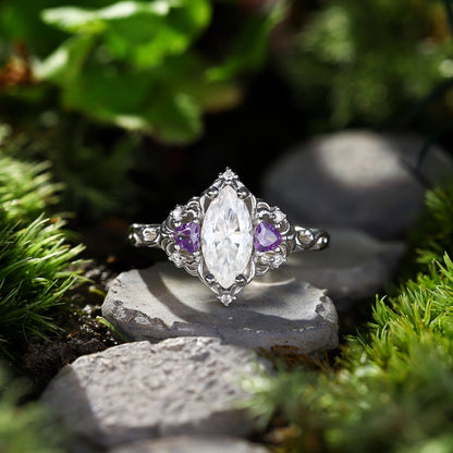 Unique Aurora Three Stone Marquise Moissanite and Tanzanite Ring