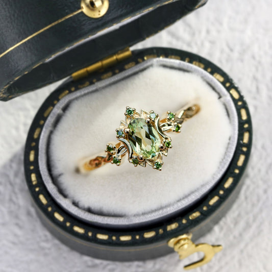 Unique Briar Rose Halo Moon Oval Green Lab Sapphire Ring