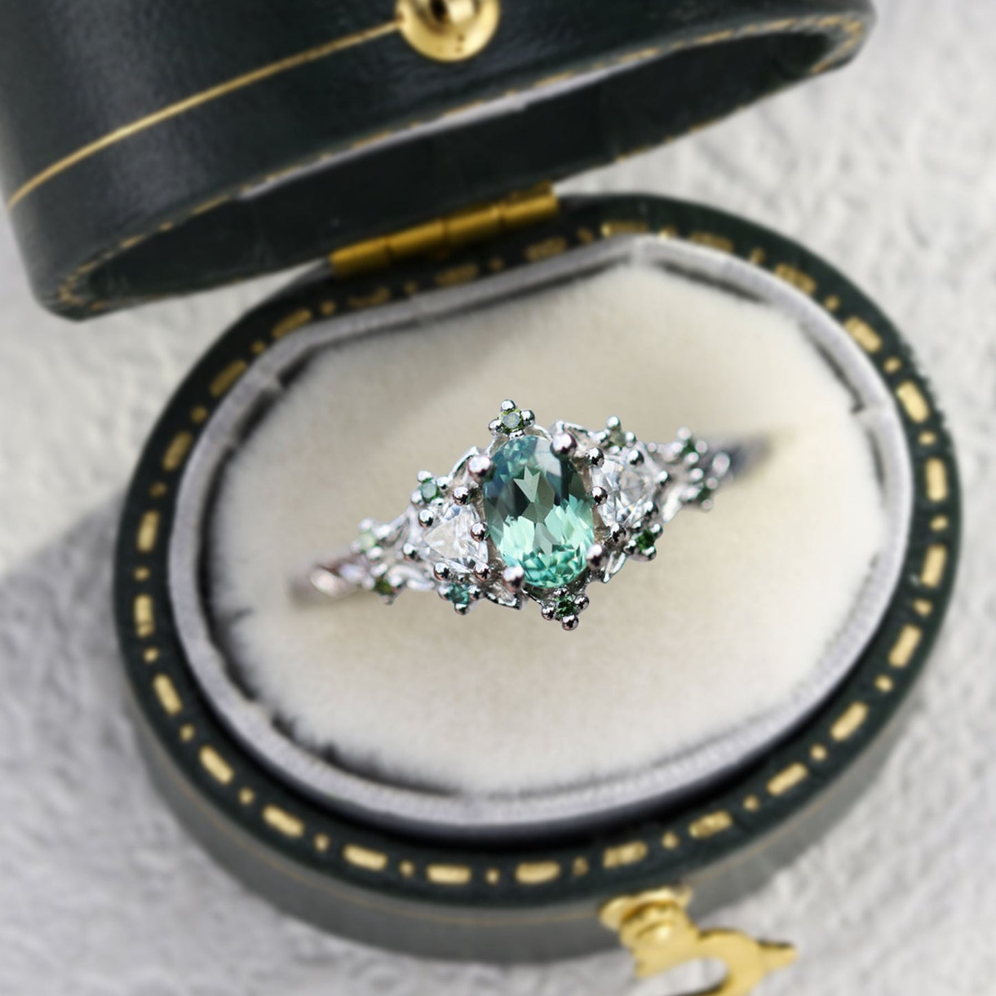Unique Briar Rose Three Stone Oval Light Green Lab Sapphire Ring