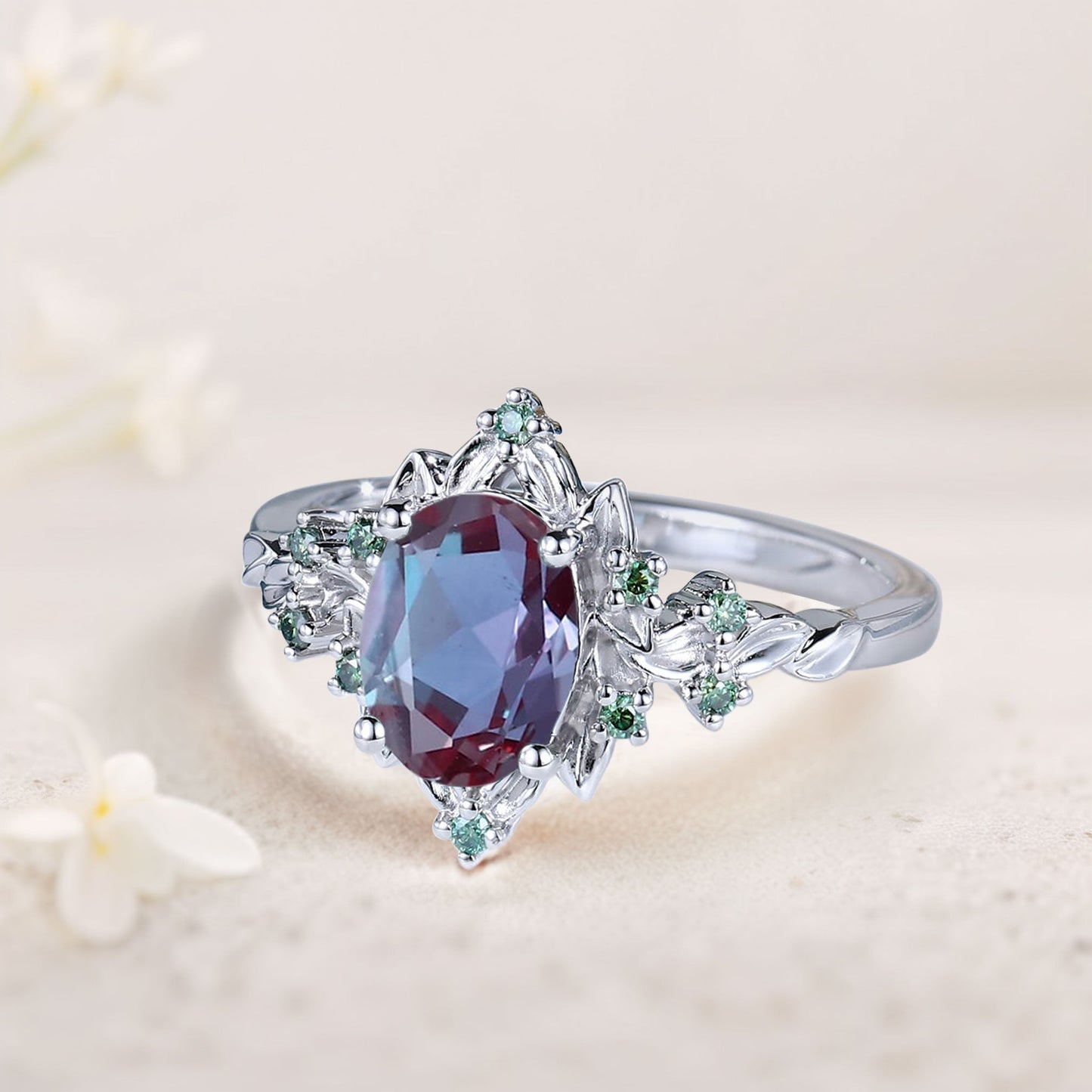 Vintage Briar Rose Oval Lab Alexandrite Engagement Ring Olive Leaves Ring