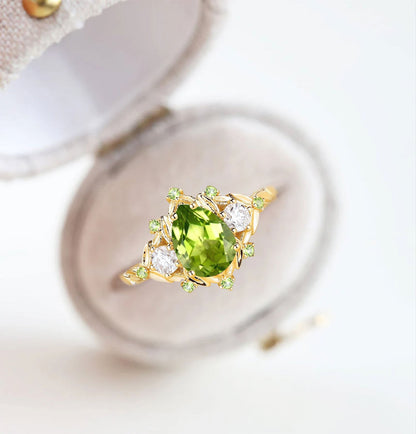 Unique floral engagement rings Pear Peridot Flower Engagement Ring Leaf Wedding Ring