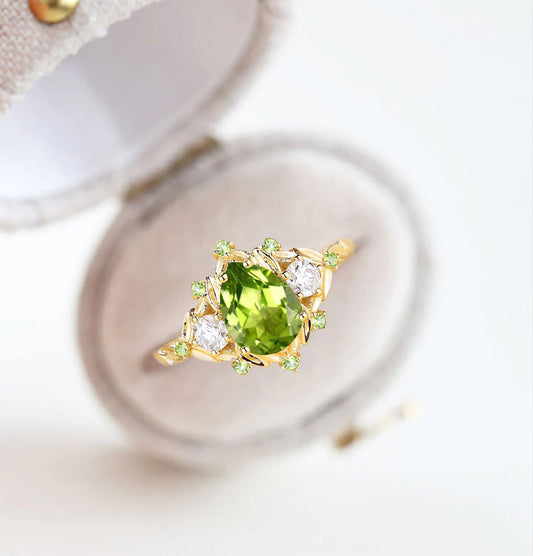 Unique floral engagement rings Pear Peridot Flower Engagement Ring Leaf Wedding Ring