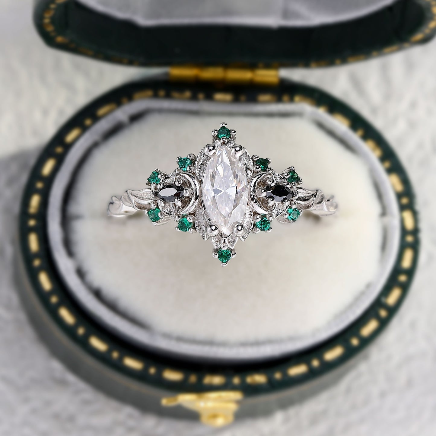 Unique Briar Moon Three Stone Marquise Moissanite and Lab Emerald Ring