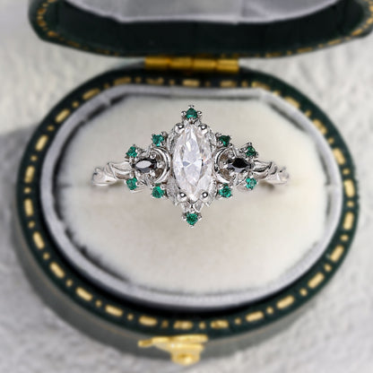 Unique Briar Moon Three Stone Marquise Moissanite and Lab Emerald Ring