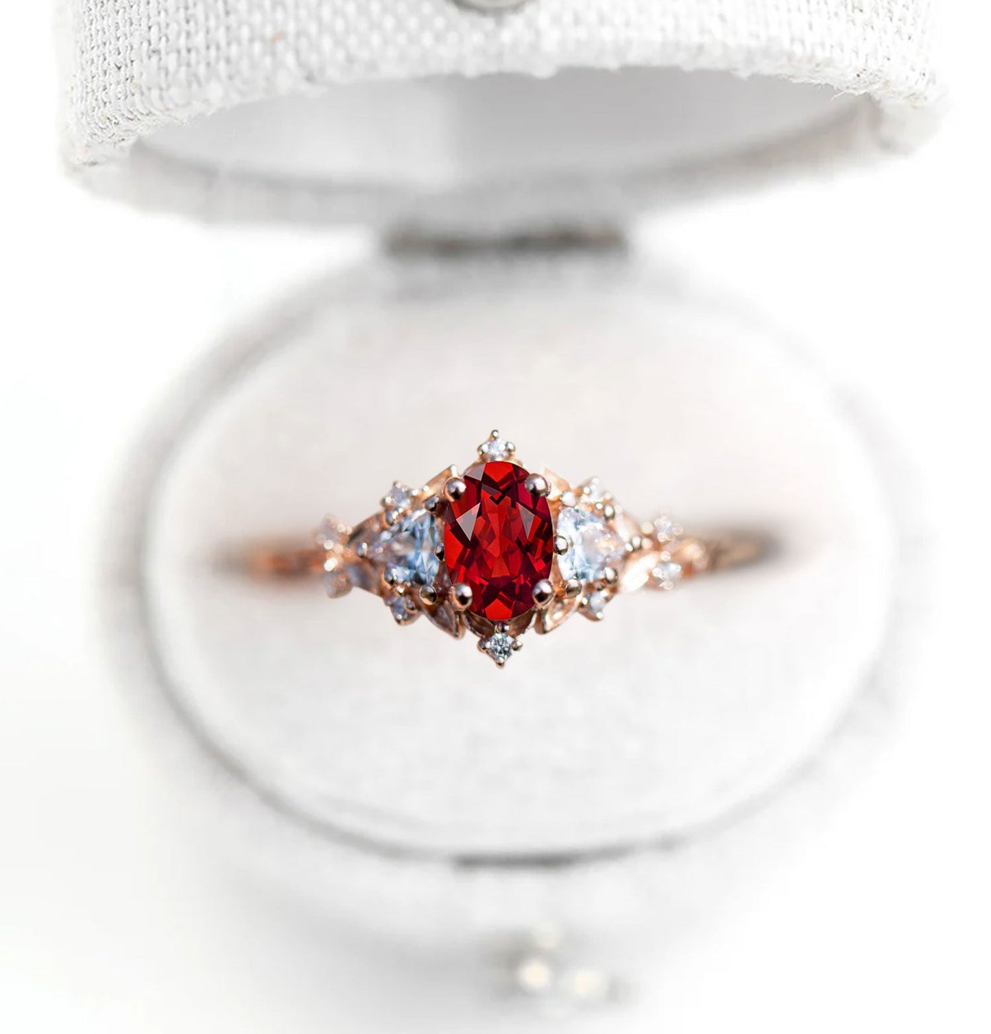 Unique Briar Rose Oval Garnet and Moissanite Ring