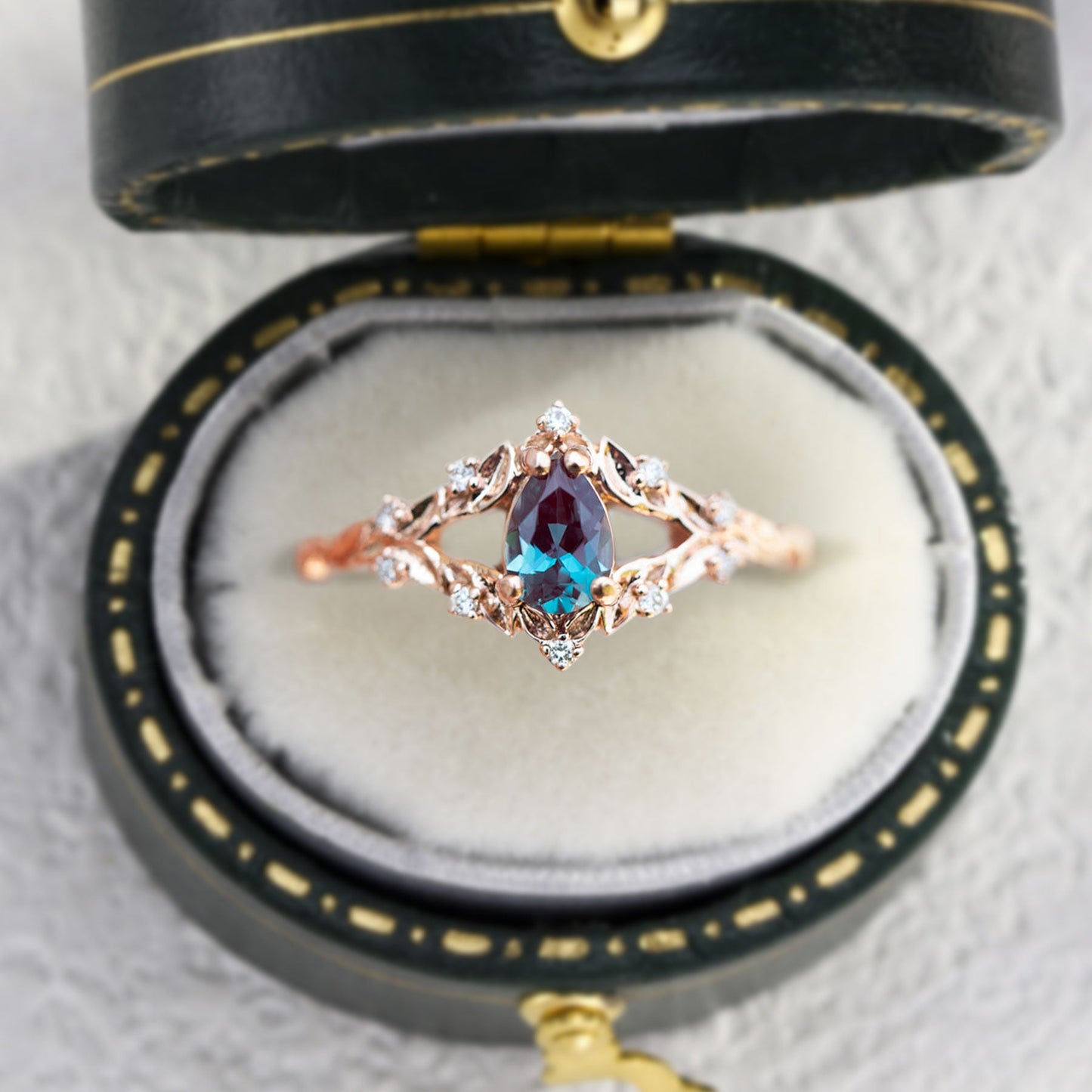 Unique Briar Rose Pear Lab Alexandrite Ring