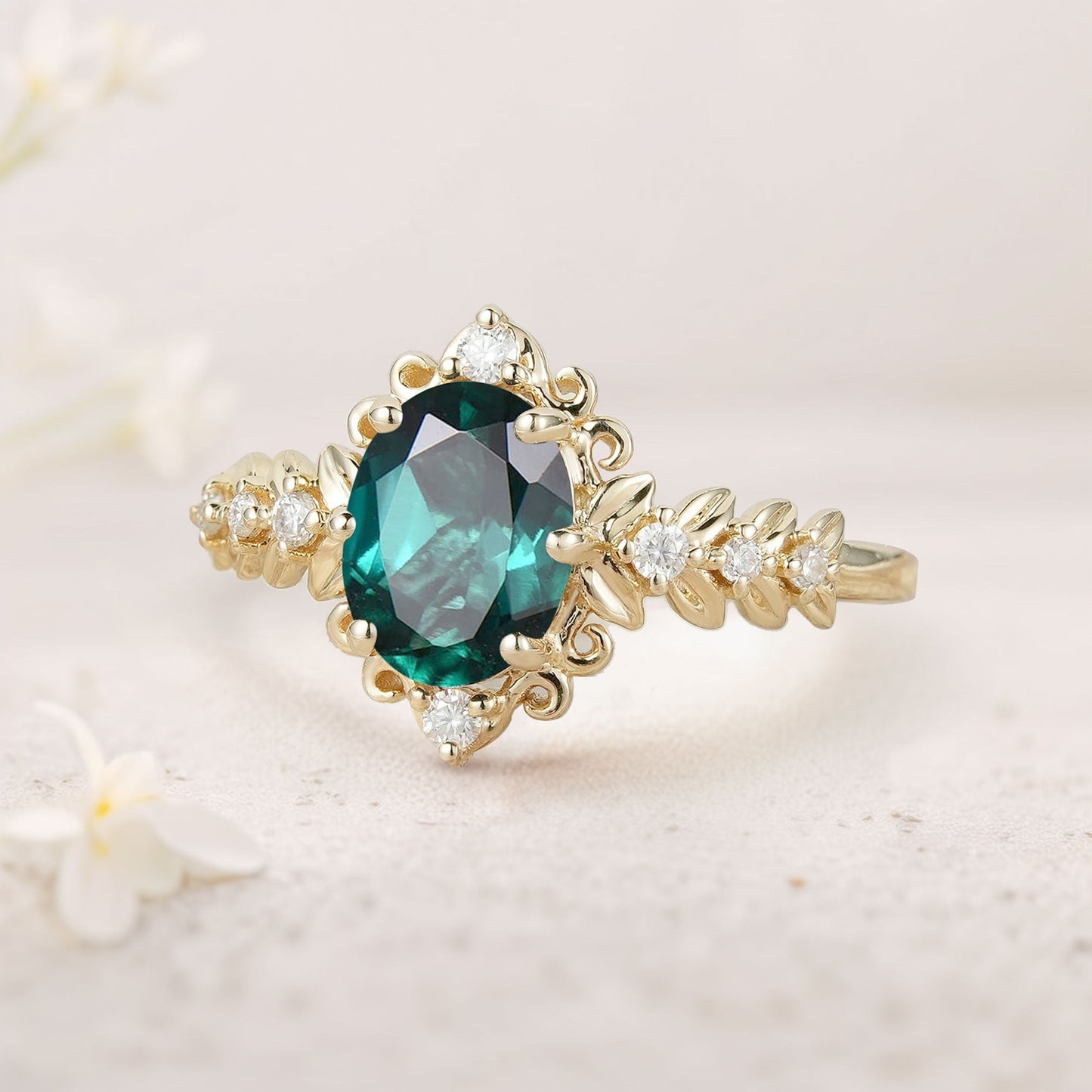 Unique Elegant Royal Oval Lab Emerald Filigree Leaf Engagement Ring
