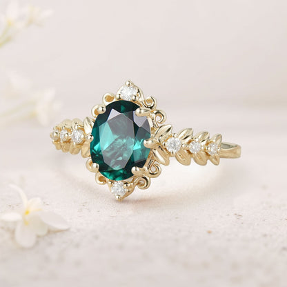 Unique Elegant Royal Oval Lab Emerald Filigree Leaf Engagement Ring