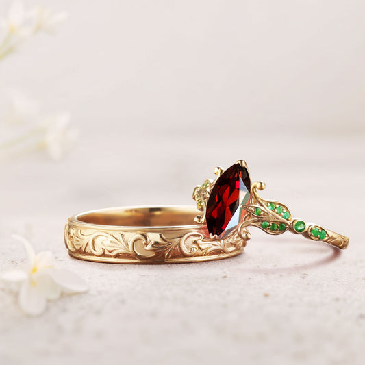 Unique Marquise Garnet Eternity Wedding Band Set Couple Rings Set